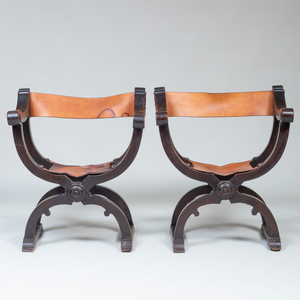 Pair of Continental Brass-Mounted Stained Wood and Leather Curule Chairs