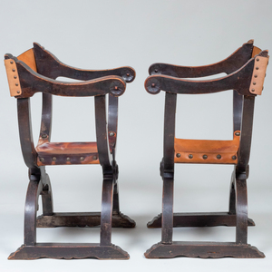 Pair of Continental Brass-Mounted Stained Wood and Leather Curule Chairs