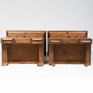 Pair of Renaissance Style Walnut and Burl Walnut Side Cabinets