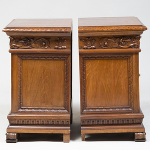 Pair of Renaissance Style Walnut and Burl Walnut Side Cabinets