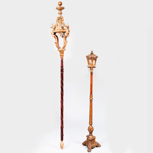 Two Italian Giltwood and Velvet Torchères, Probably Venetian