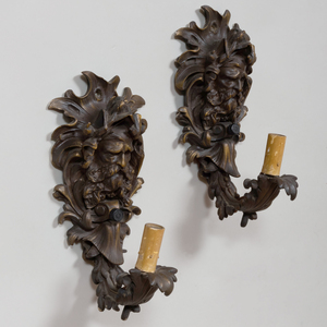 Pair of Rococo Style Bronze Figural Single-Light Wall Sconces
