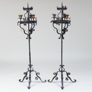 Pair of Renaissance Style Wrought-Iron Three-light Candelabra