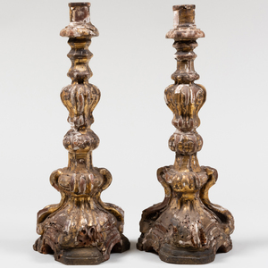 Pair of Italian Baroque Giltwood Candlesticks