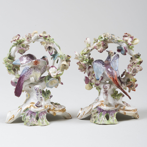 Pair of Chelsea Porcelain Flower Encrusted Bird Groups 