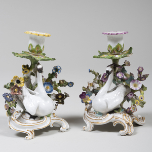 Pair of Meissen Porcelain Swan Form Chambersticks