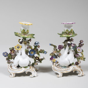 Pair of Meissen Porcelain Swan Form Chambersticks