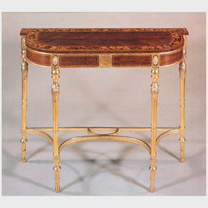 Fine Pair of George III Painted and Parcel-Gilt Rosewood and Satinwood Console Tables, After a Design by Thomas Sheraton, and in the Manner of Seddon, Sons and Shackleton