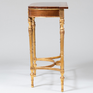 Fine Pair of George III Painted and Parcel-Gilt Rosewood and Satinwood Console Tables, After a Design by Thomas Sheraton, and in the Manner of Seddon, Sons and Shackleton