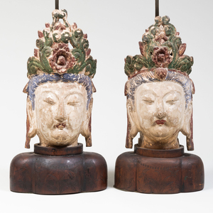 Pair of Chinese Carved and Polychromed Heads Of Guanyin Mounted as Lamps