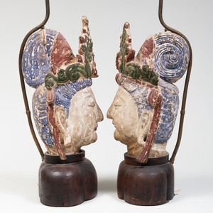 Pair of Chinese Carved and Polychromed Heads Of Guanyin Mounted as Lamps
