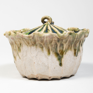 Japanese Glazed Earthenware Lotus Form Box and Cover
