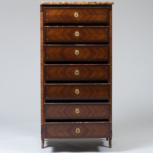 Louis XVI Style Gilt-Bronze Mounted Tulipwood and Mahogany Parquetry Marble-Top Semainier
