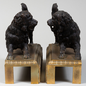 Pair of French Patinated-Bronze Terrier Form Chenets