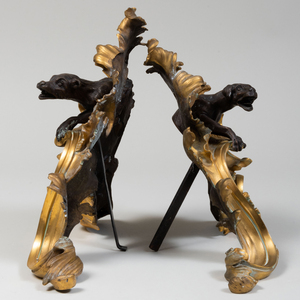 Pair of Louis XV Style Gilt and Patinated-Bronze Dog Form Chenets
