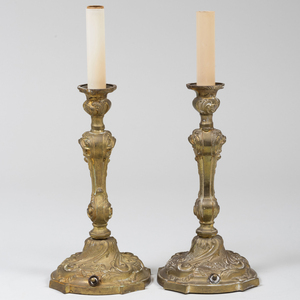 Pair of Louis XV Style Gilt-Bronze Candlesticks Mounted as Lamps