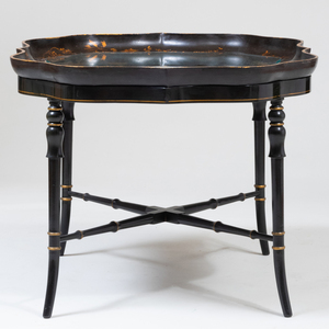 English Black Lacquer and Parcel-Gilt Papier-Mâché Tray on a Later Ebonized Stand