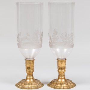 Two Pairs of Brass and Etched Glass Photophores