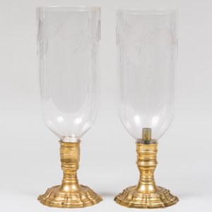 Two Pairs of Brass and Etched Glass Photophores