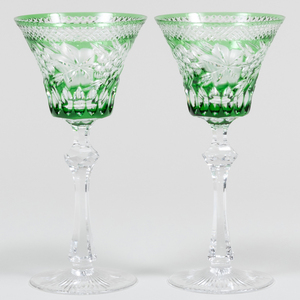Set of Nine Knittel Green Overlay Cut Glass Goblets 