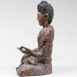 Chinese Carved Wood Head of Buddha and a Gilt Figure of a Seated Buddha