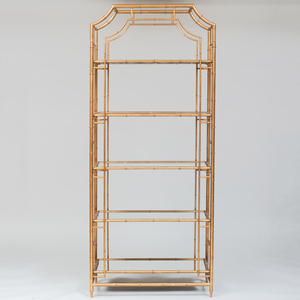 Pair of Gilt-Metal and Beveled Mirror Faux Bamboo Five-Tier Étagères