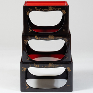 Japanese Black and Red Lacquer and Parcel-Gilt Three-Tier Stand