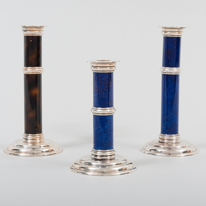 Group of Three Puiforcat Silver Plate and Enamel Candlesticks