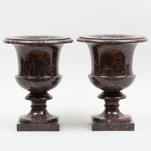 Pair of Fine Swedish Neoclassical Porphyry Urns, the Model Designed by Louis Masreliez
