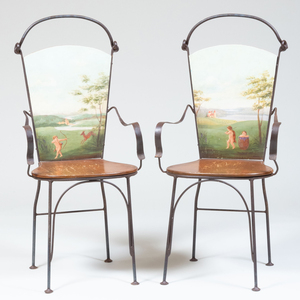 Pair of Provincial Painted Wood and Metal Armchairs