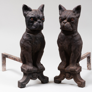 Pair of French Cast Iron Bulldog Form Andirons