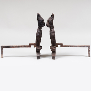 Pair of French Cast Iron Bulldog Form Andirons