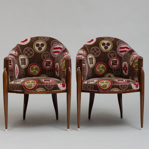 Pair of Nicholas Mongiardo After a Design by Émile-Jacques Ruhlmann Mahogany and Faux Ivory Upholstered Tub Chairs