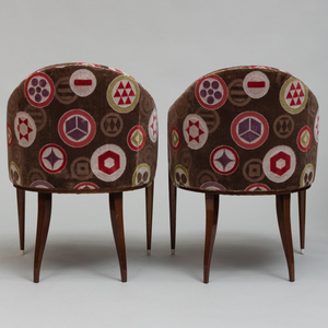Pair of Nicholas Mongiardo After a Design by Émile-Jacques Ruhlmann Mahogany and Faux Ivory Upholstered Tub Chairs