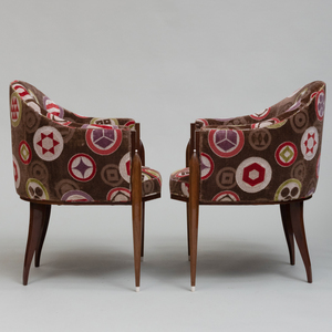 Pair of Nicholas Mongiardo After a Design by Émile-Jacques Ruhlmann Mahogany and Faux Ivory Upholstered Tub Chairs