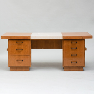 Art Deco Oak and Parchment Kneehole Desk, Possibly French