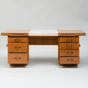 Art Deco Oak and Parchment Kneehole Desk, Possibly French