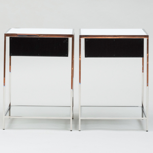 Pair of Mitchel Gold and Bob Williams  Chrome, White Glass and Black Stained Wood Bedside Tables