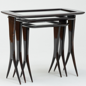 Nest of Three Italian Modern Black Lacquer and Glass Tables, Attributed to Raphael Raffel Said