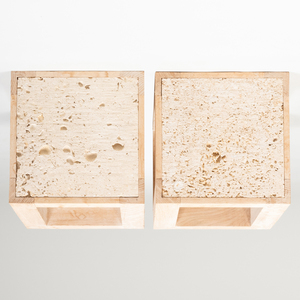 Pair of Limed Oak and Travertine End Tables, Designed by Michael Taylor