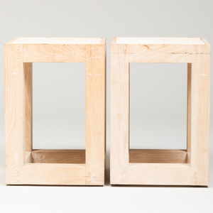 Pair of Limed Oak and Travertine End Tables, Designed by Michael Taylor
