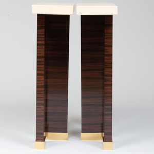 Pair of Brass-Mounted Parchment and Macassar Ebony Consoles, Designed by Mica Ertegun