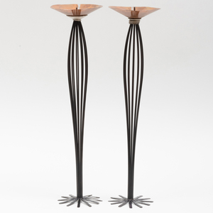 Pair of Bryan Hunt Copper and Patinated Metal Candlesticks