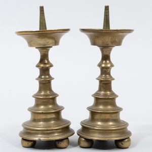 Pair of Diminutive Brass Pricket Candlesticks, Possibly Flemish
