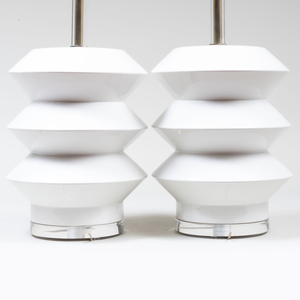 Pair of White Glazed Ceramic and Lucite Table Lamps