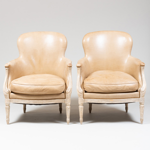 Pair of Louis XV/XVI Style Painted and Leather Upholstered Bergeres 