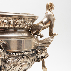 Pair of Napoleon III Silvered-Metal Urns with Sphynx Handles
