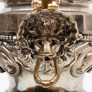 Pair of Napoleon III Silvered-Metal Urns with Sphynx Handles