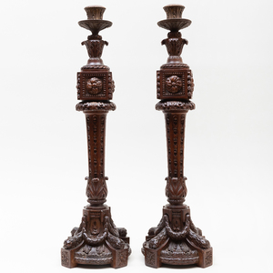 Pair of Tall Continental Carved Mahogany Candlesticks, Possibly French