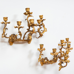 Pair of Continental Gilt-Bronze Six-Light Wall Sconces, Possibly Italian